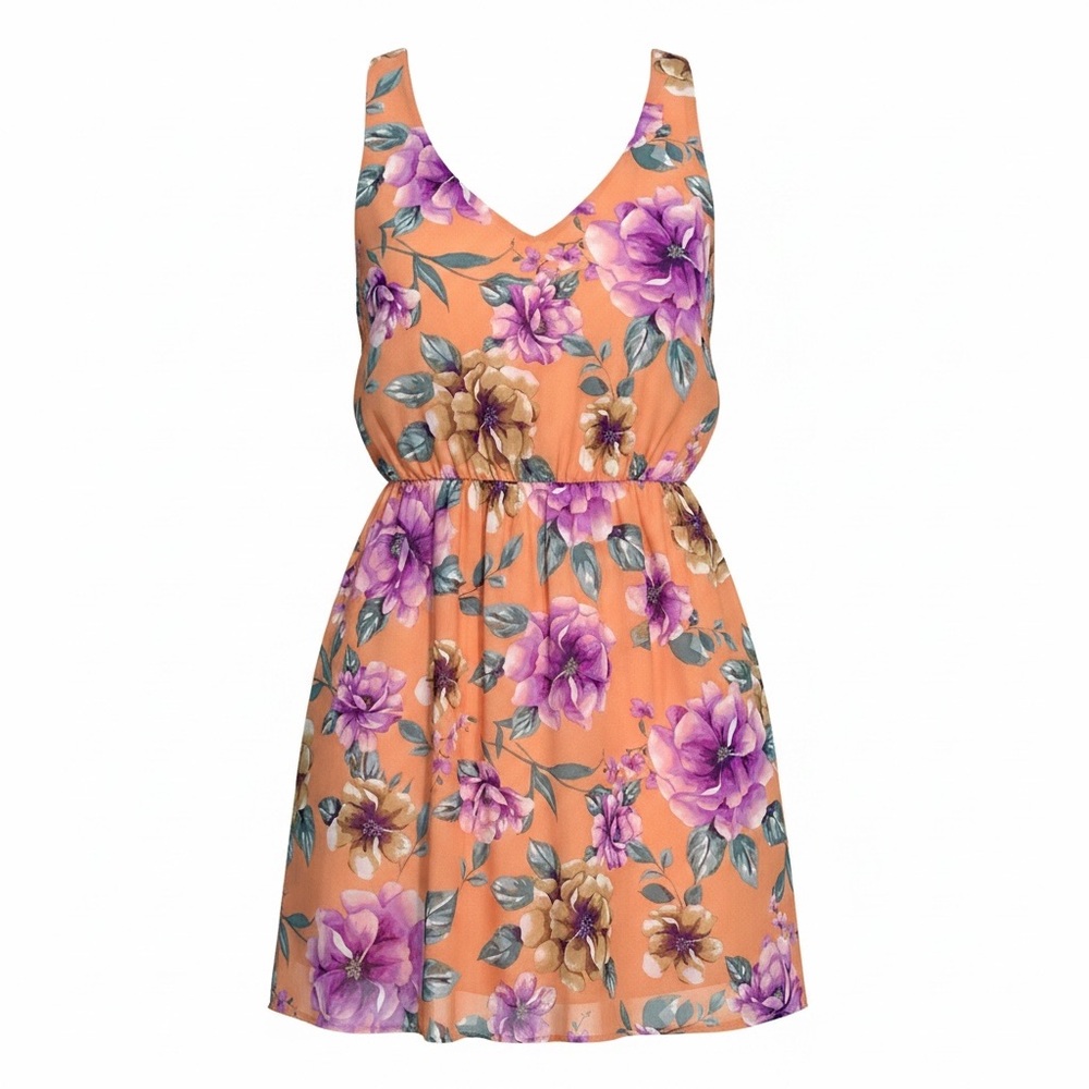 French Grey. Orange Floral Midi Dress with Purple & Cream Blooms